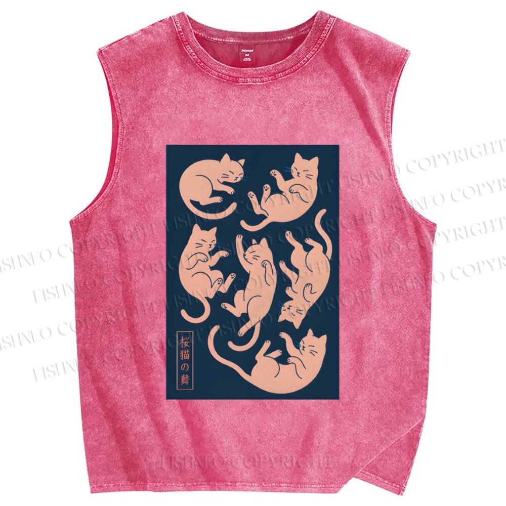 Unisex Dancing Cat Printed Washed Tank Top