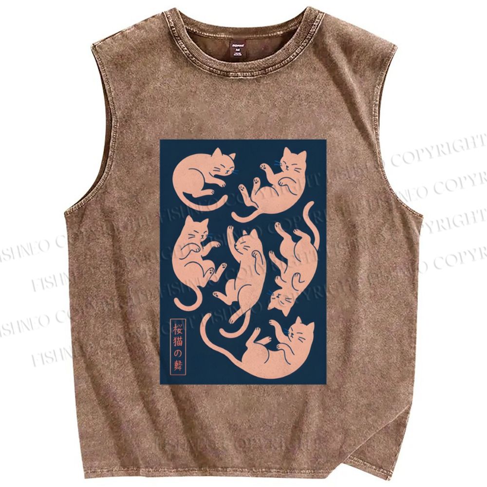 Unisex Dancing Cat Printed Washed Tank Top