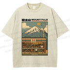 Unisex Japanese Mount Fuji Printed Washed Tee