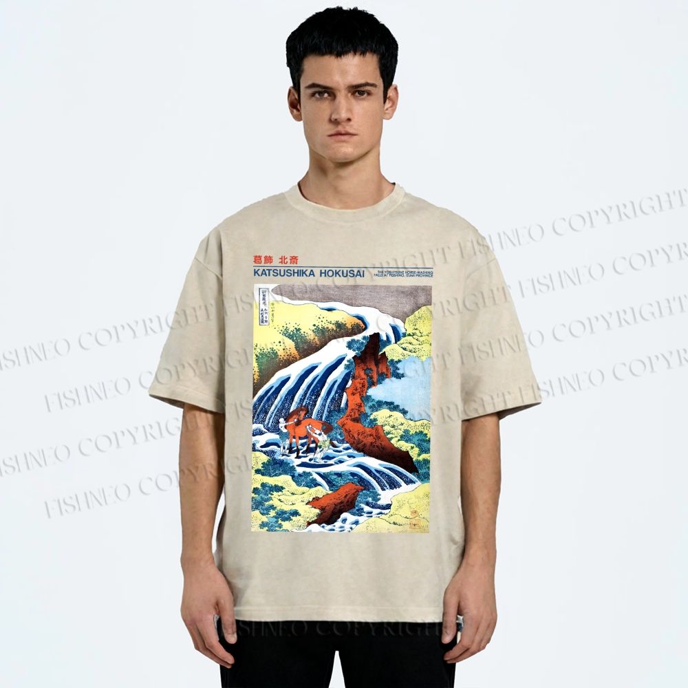 Unisex Katsushika Hokusai Japanese Ukiyo-e Poster Printed Washed Tee