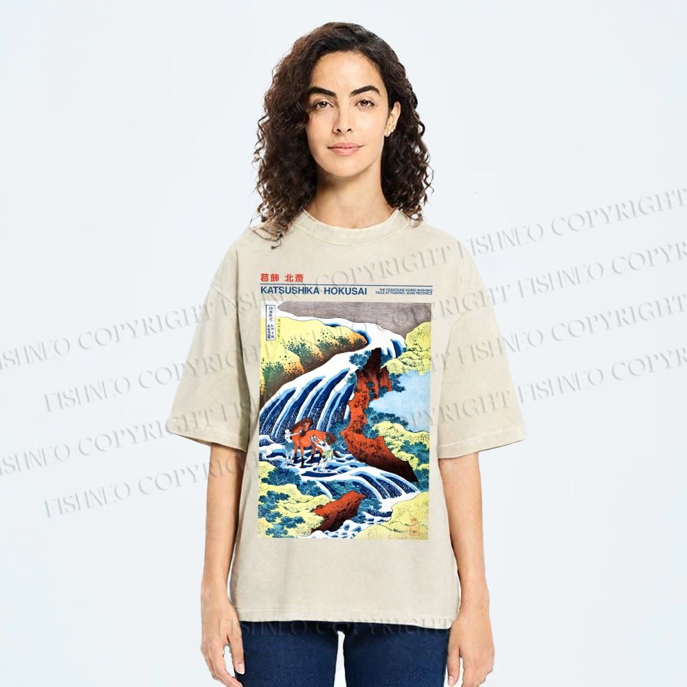 Unisex Katsushika Hokusai Japanese Ukiyo-e Poster Printed Washed Tee