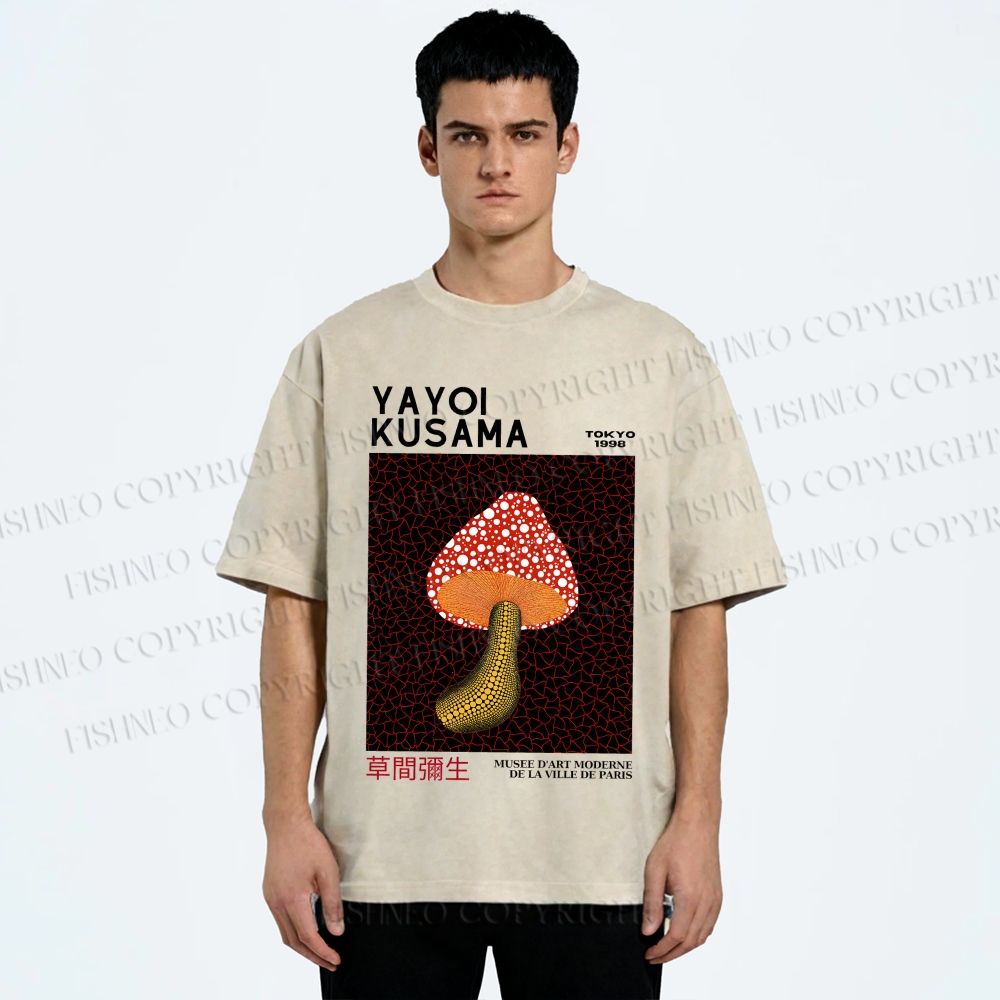 Unisex Yayoi Kusama Mushroom Printed Washed Tee