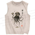 Unisex Japanese Octopus Printed Washed Tank Top