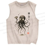 Unisex Japanese Octopus Printed Washed Tank Top