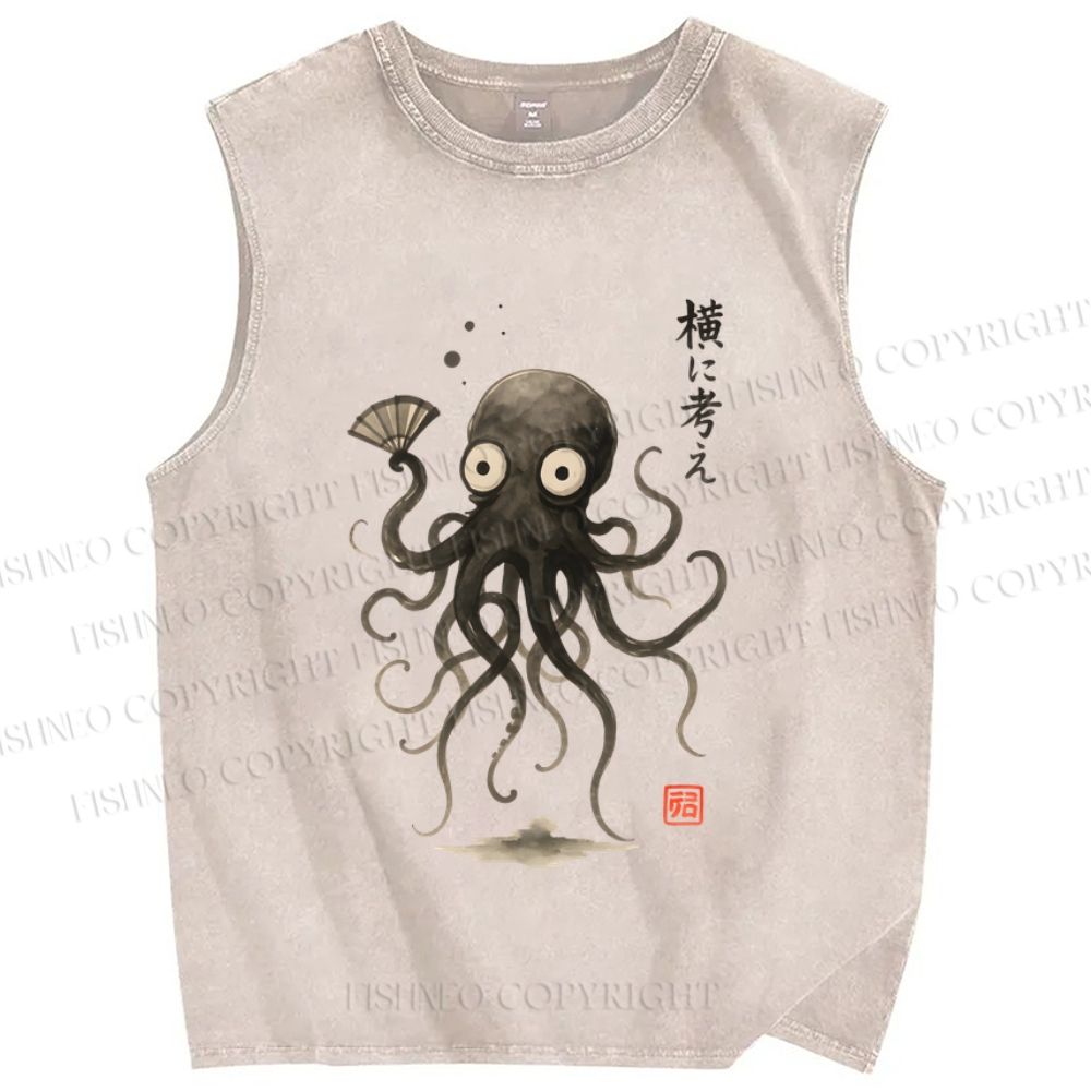 Unisex Japanese Octopus Printed Washed Tank Top