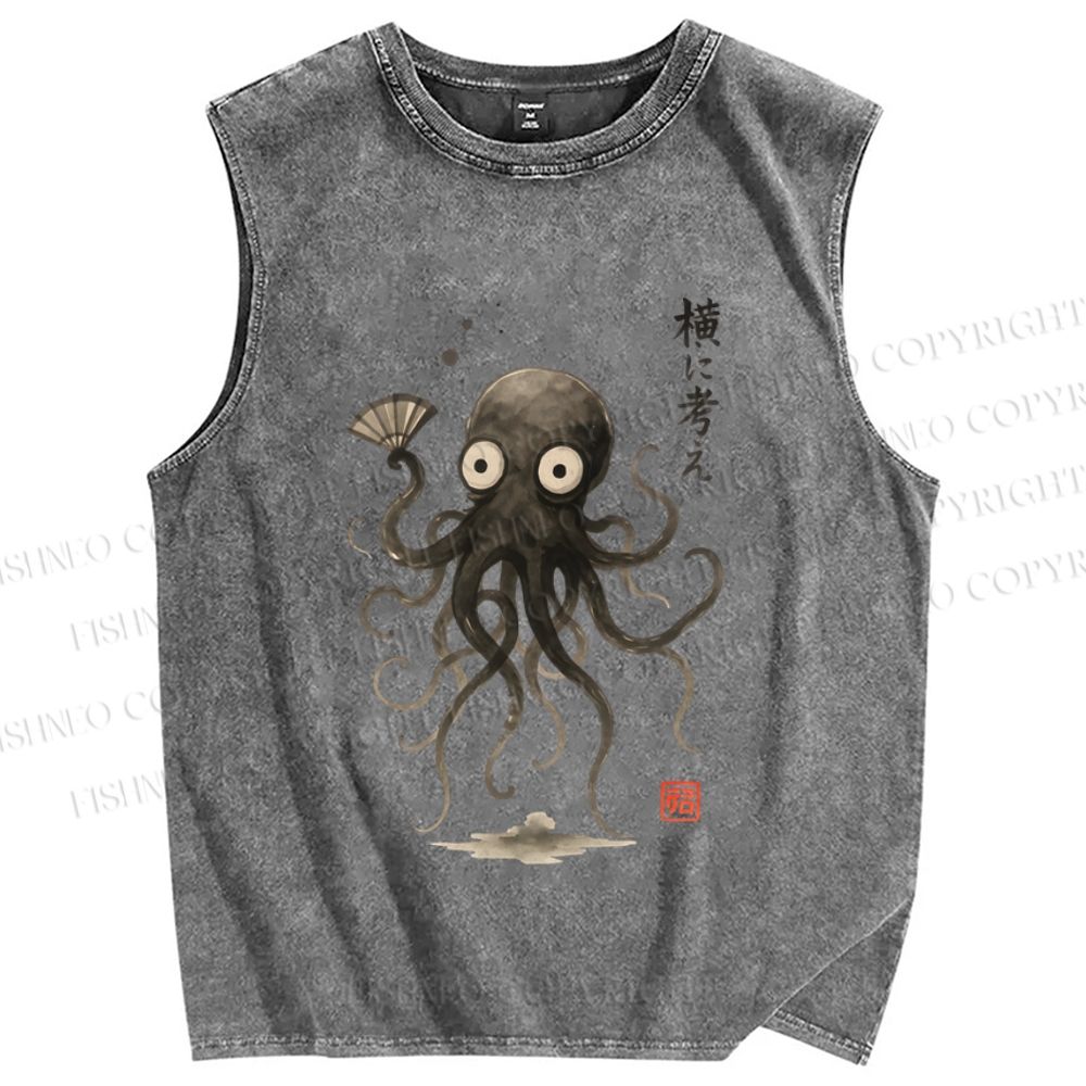 Unisex Japanese Octopus Printed Washed Tank Top
