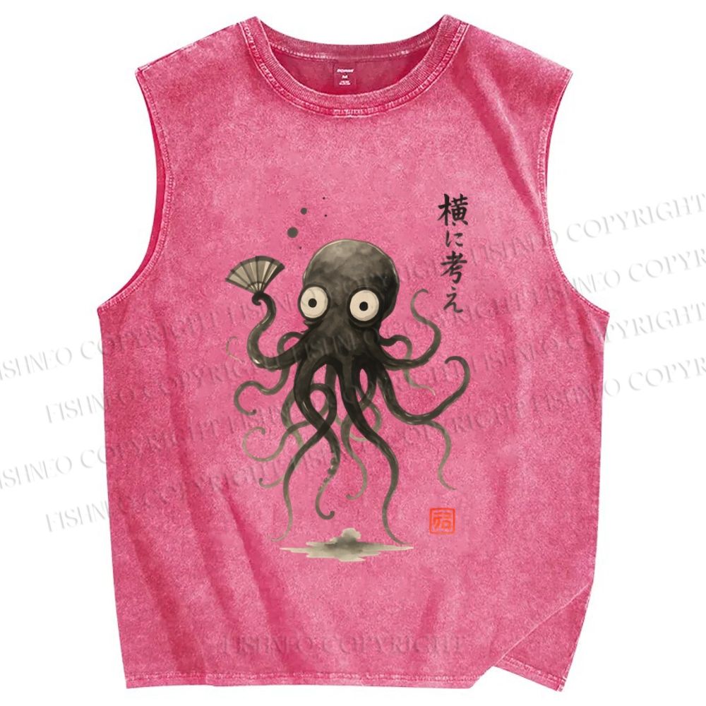 Unisex Japanese Octopus Printed Washed Tank Top