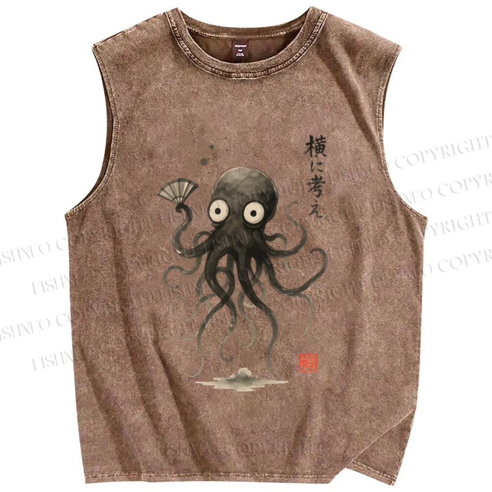 Unisex Japanese Octopus Printed Washed Tank Top