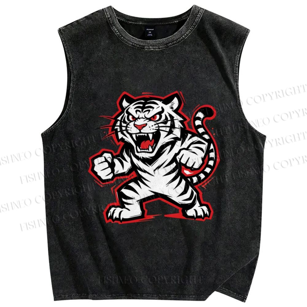 Unisex Angry Tiger Printed Washed Tank Top
