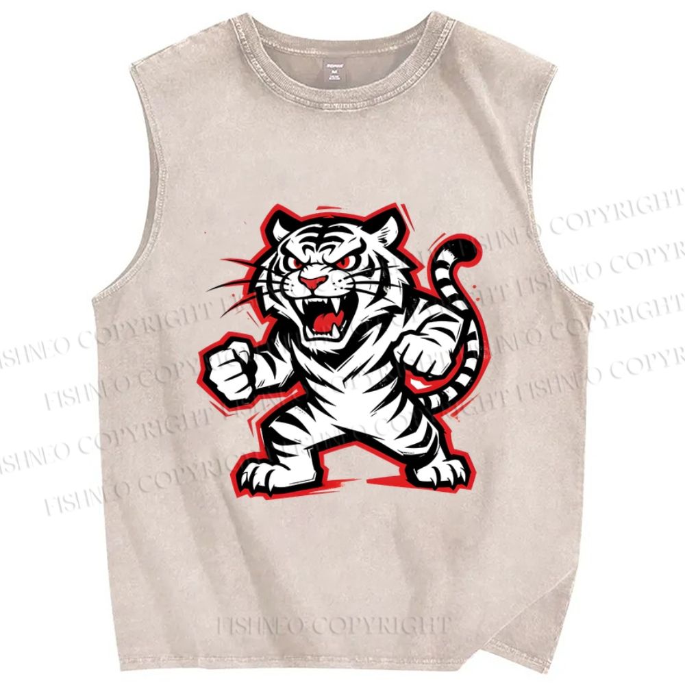 Unisex Angry Tiger Printed Washed Tank Top