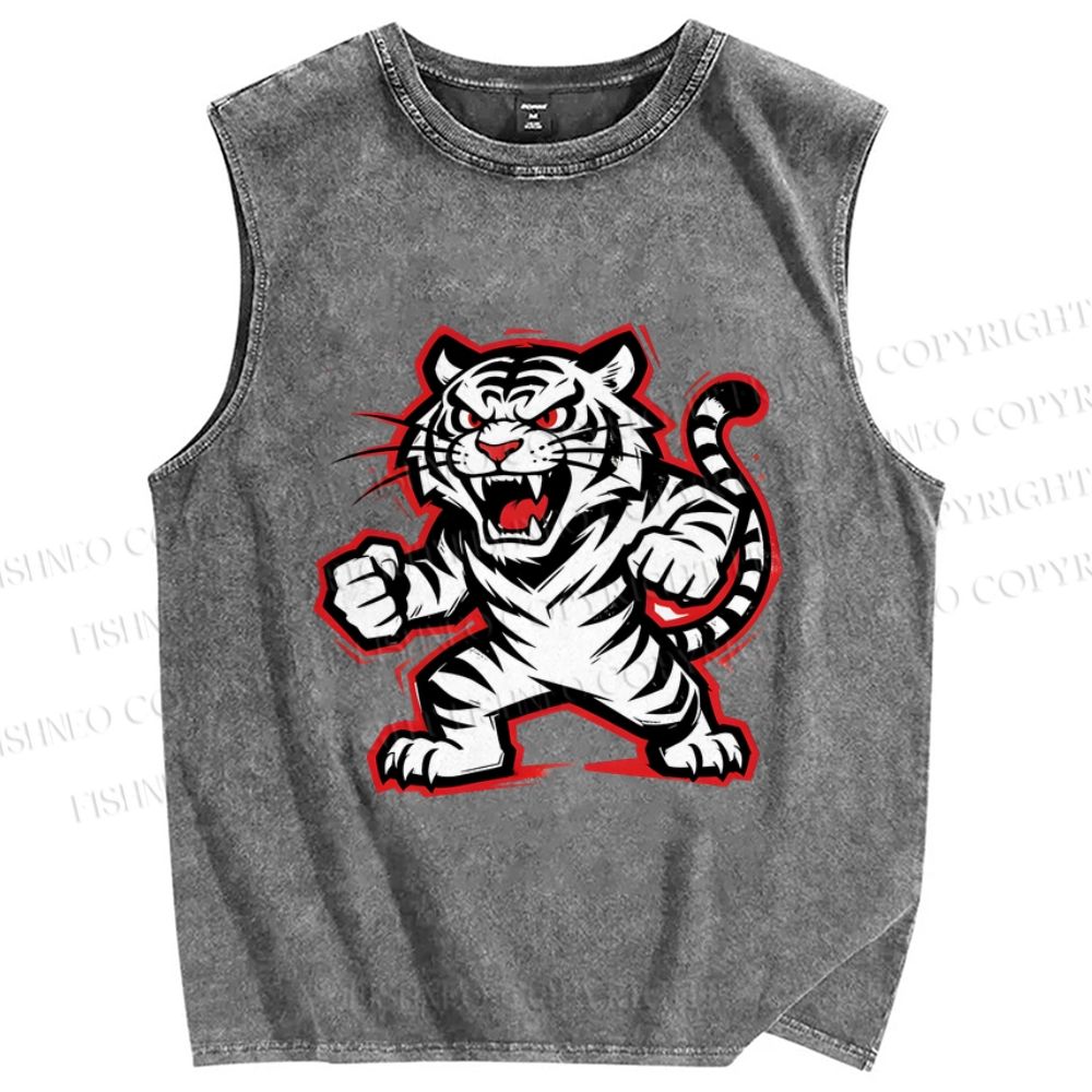 Unisex Angry Tiger Printed Washed Tank Top