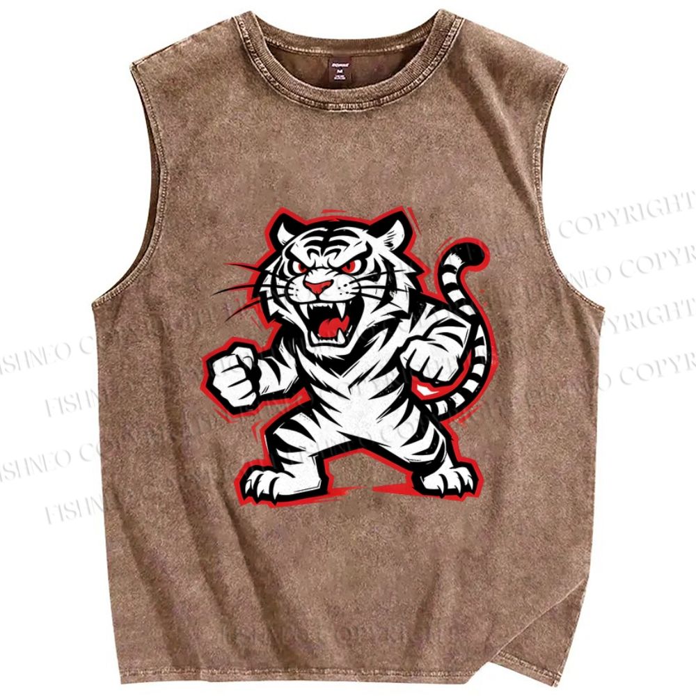Unisex Angry Tiger Printed Washed Tank Top