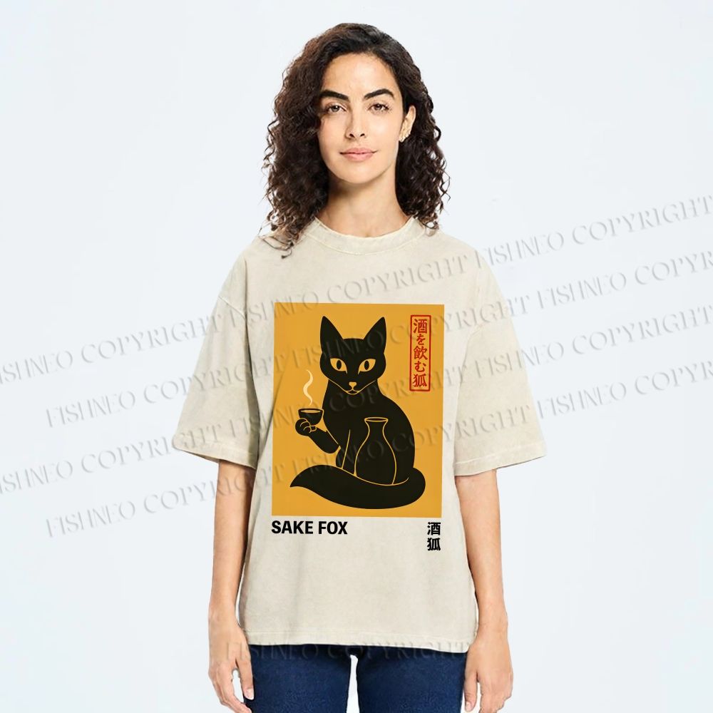 Unisex Sake Fox Printed Washed Tee