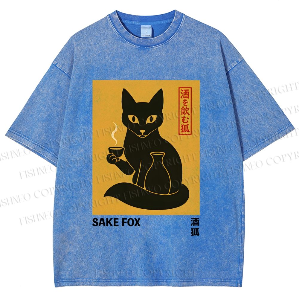 Unisex Sake Fox Printed Washed Tee