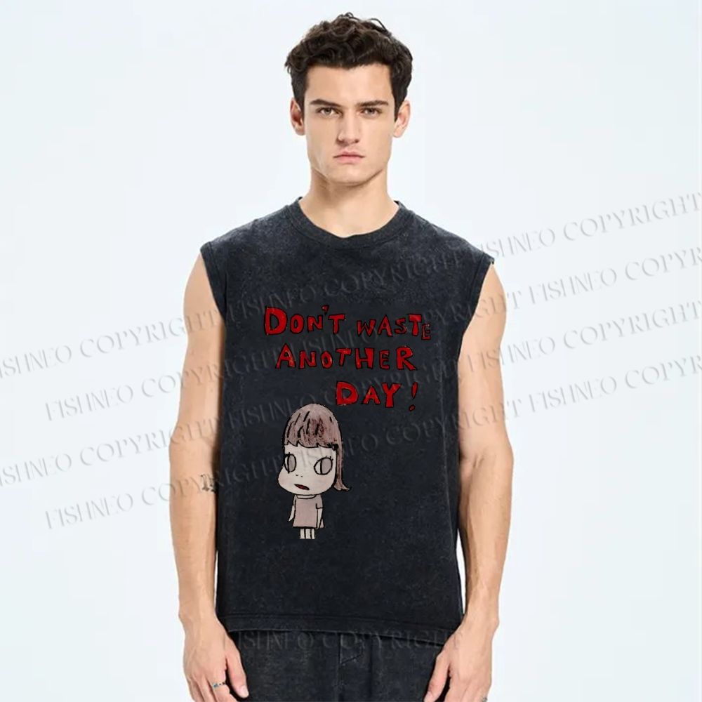 Unisex Yoshitomo Nara Don't Waste Another Day Printed Washed Tank Top