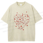 Unisex Heart Cat Printed Washed Tee