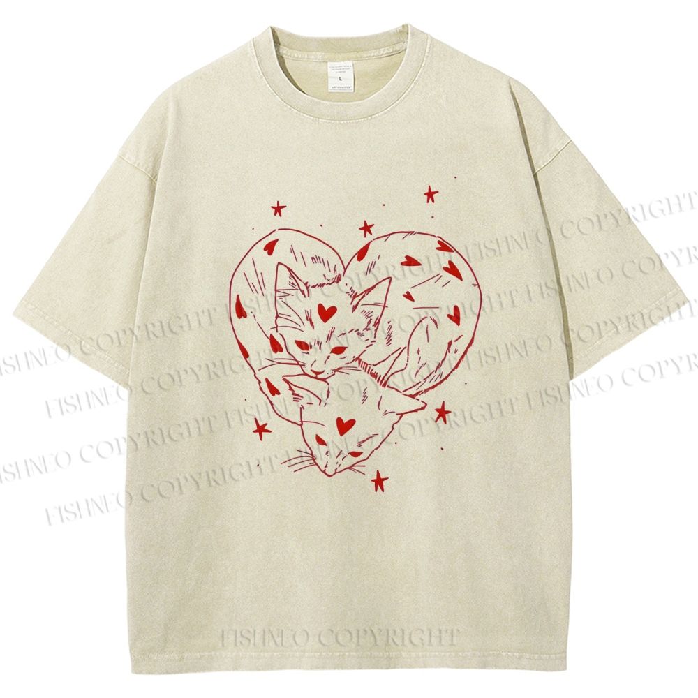 Unisex Heart Cat Printed Washed Tee