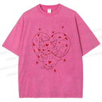 Unisex Heart Cat Printed Washed Tee