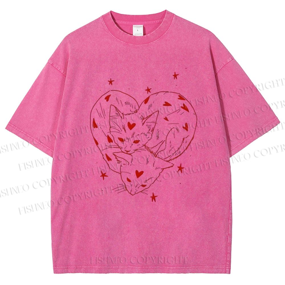 Unisex Heart Cat Printed Washed Tee