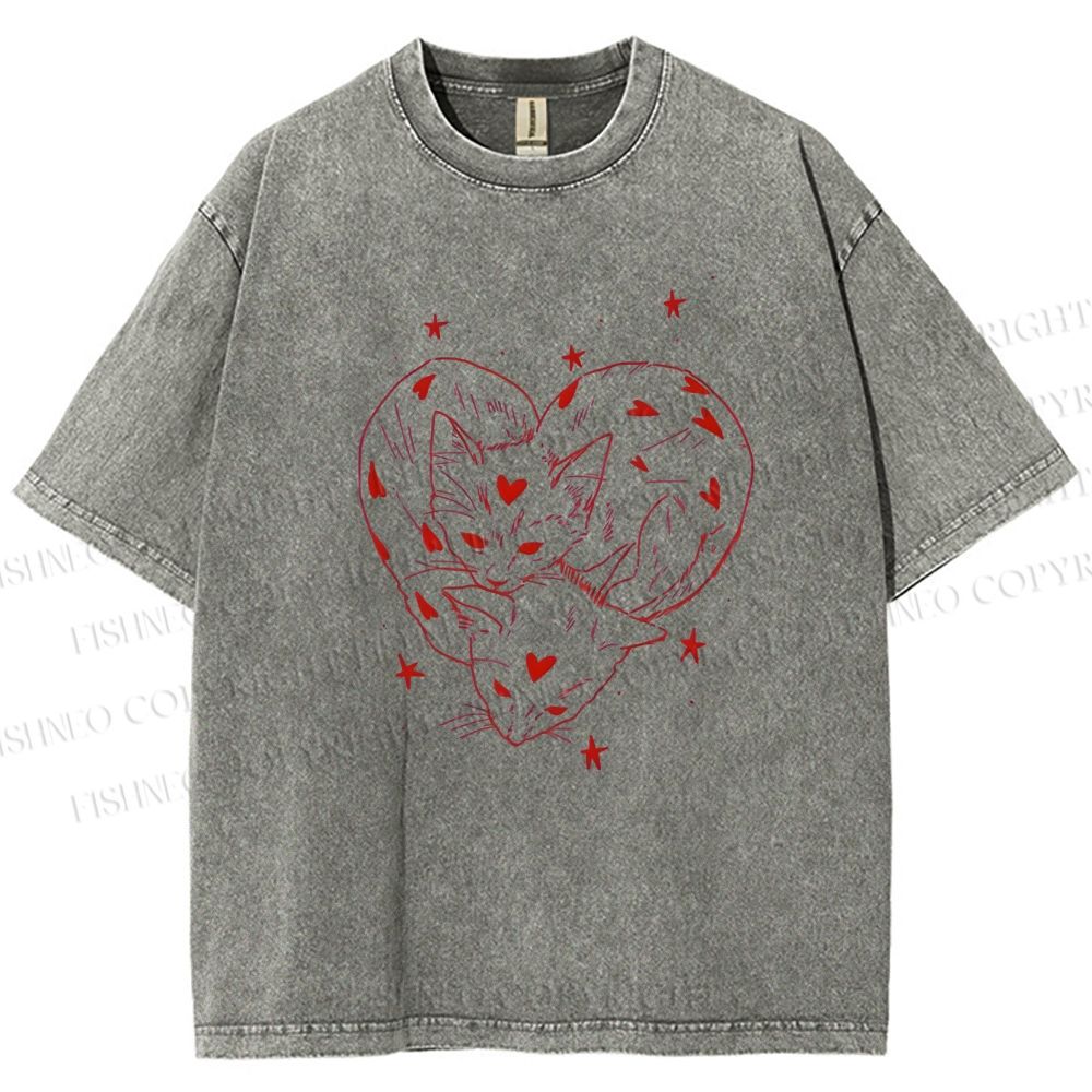 Unisex Heart Cat Printed Washed Tee
