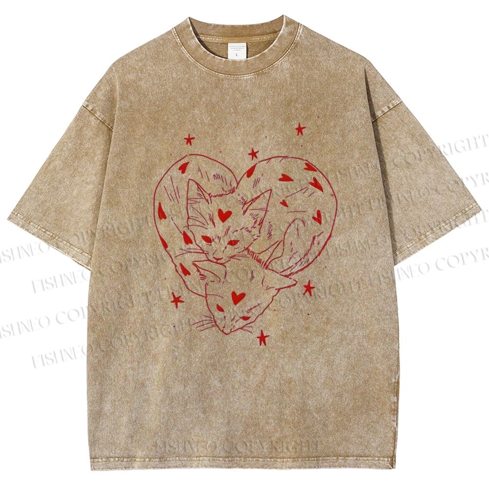 Unisex Heart Cat Printed Washed Tee