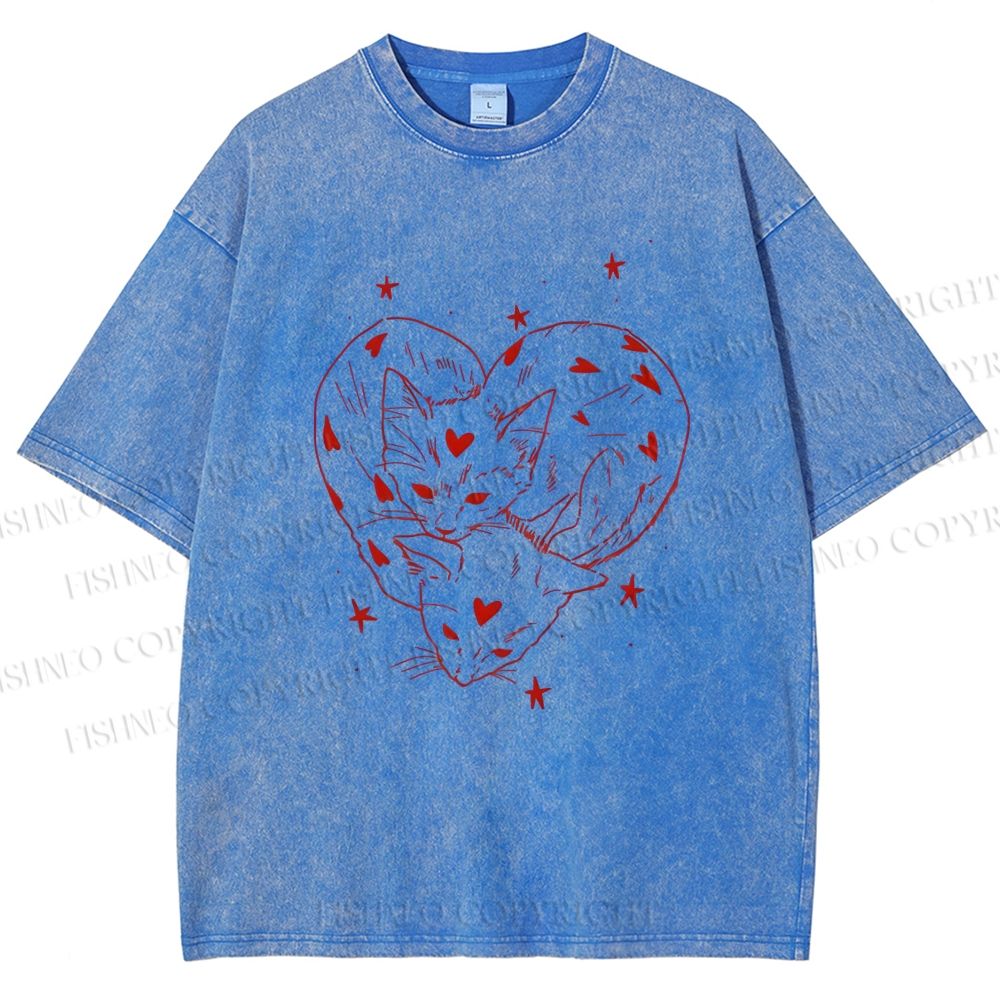 Unisex Heart Cat Printed Washed Tee