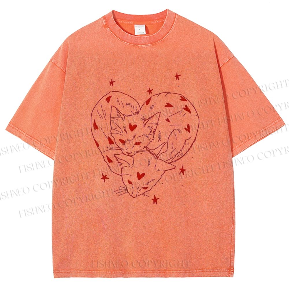 Unisex Heart Cat Printed Washed Tee