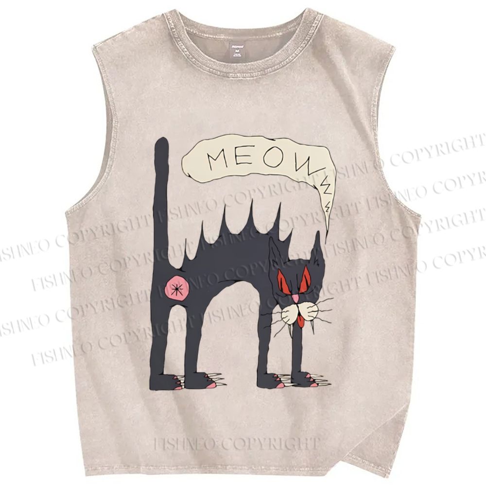Unisex Creepy Cat Printed Washed Tank Top