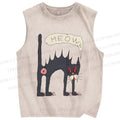 Unisex Creepy Cat Printed Washed Tank Top