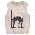 Unisex Creepy Cat Printed Washed Tank Top