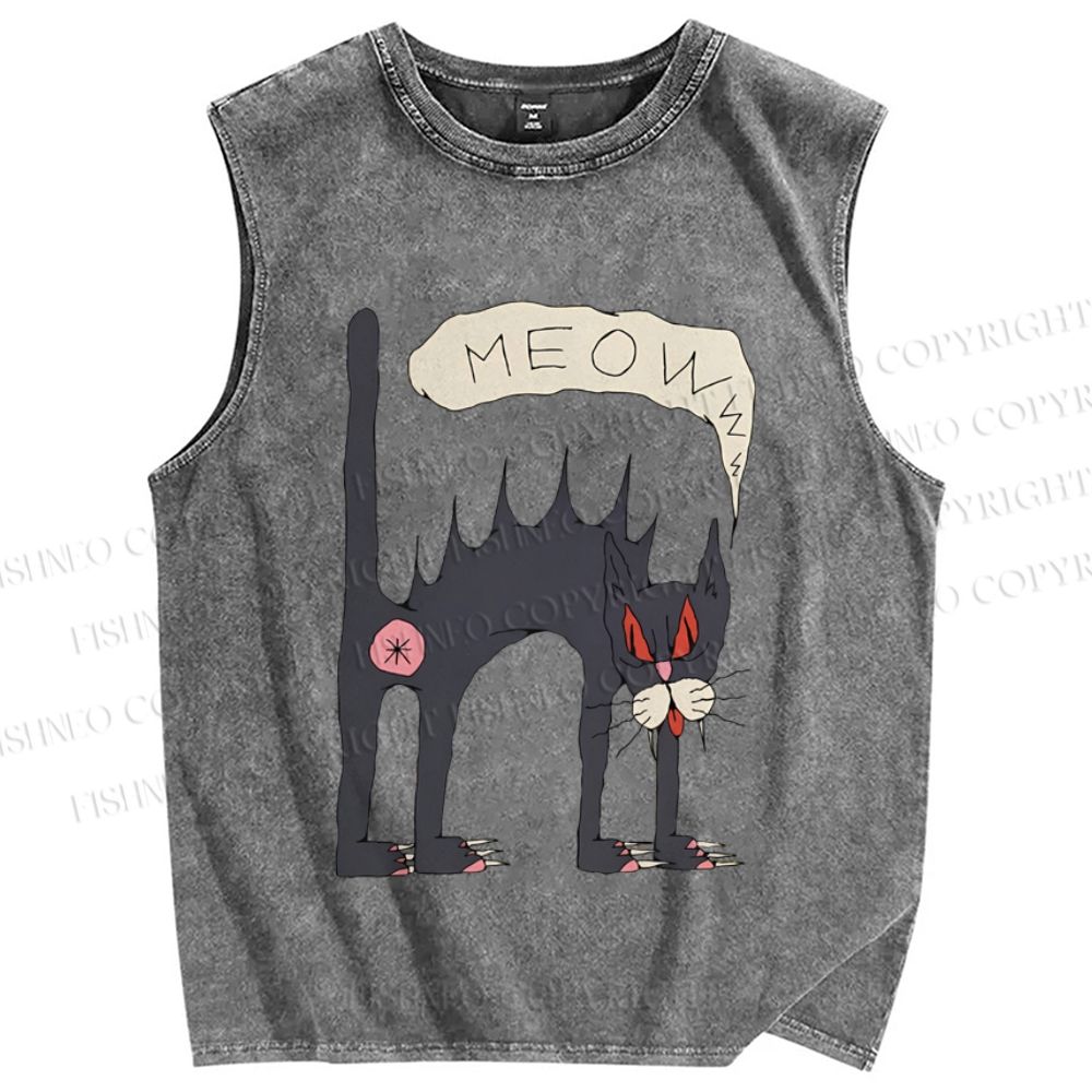 Unisex Creepy Cat Printed Washed Tank Top