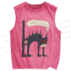 Unisex Creepy Cat Printed Washed Tank Top