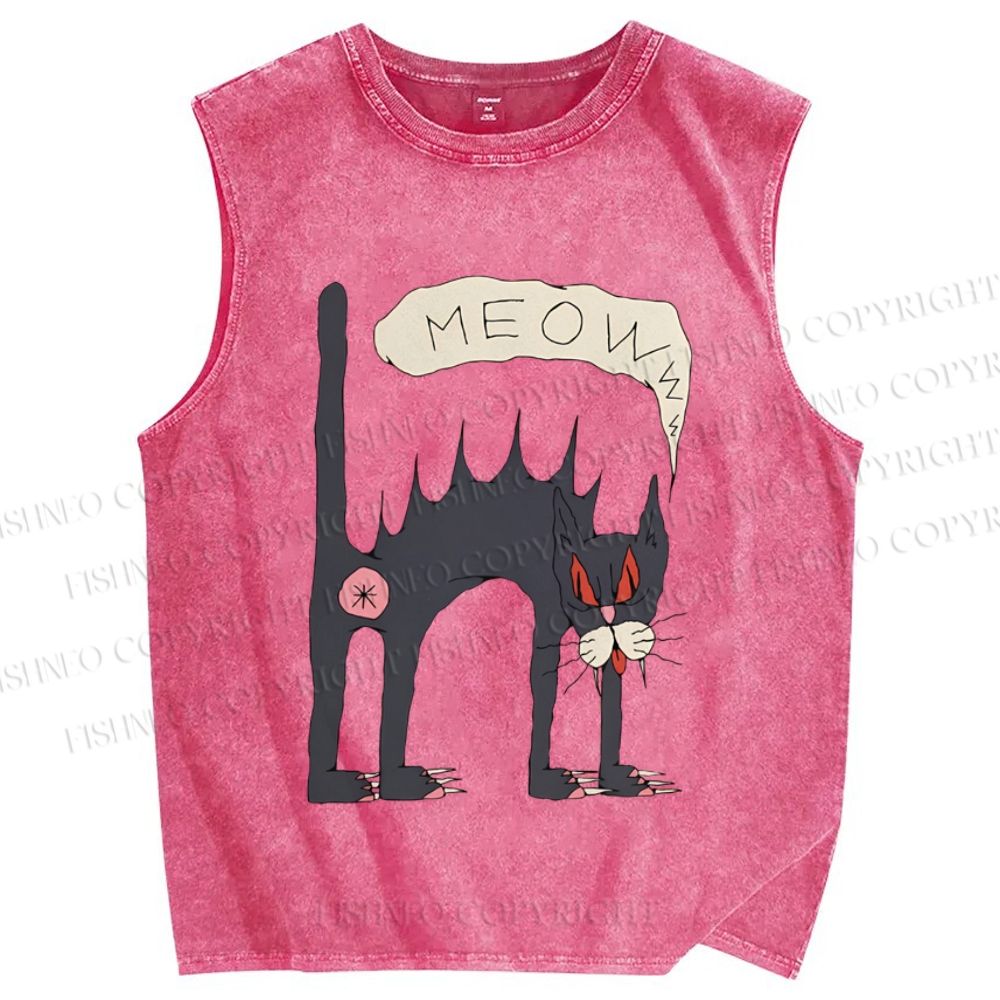 Unisex Creepy Cat Printed Washed Tank Top