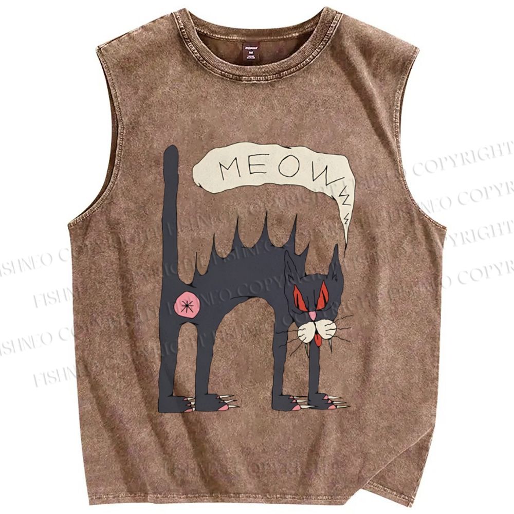 Unisex Creepy Cat Printed Washed Tank Top
