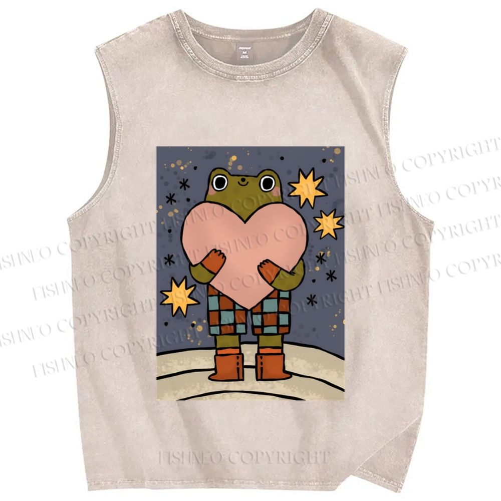 Unisex Frog Holding a Heart Printed Washed Tank Top