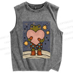 Unisex Frog Holding a Heart Printed Washed Tank Top
