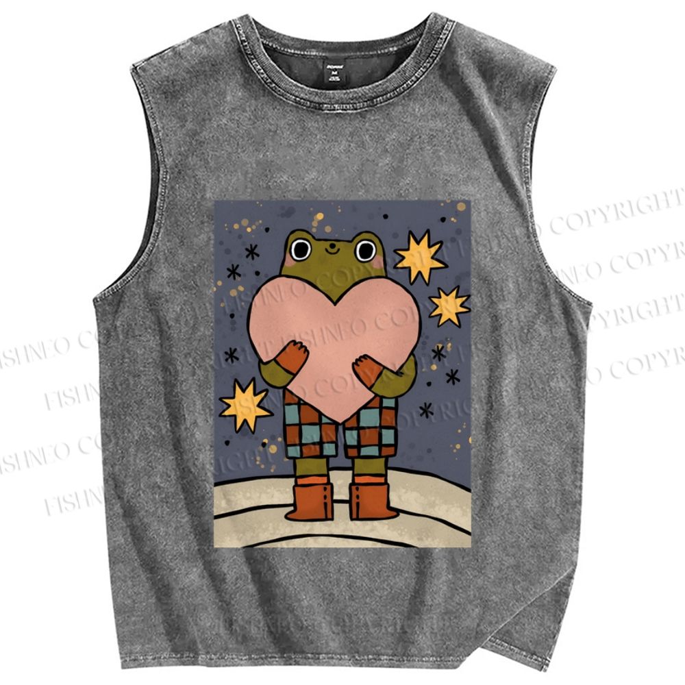 Unisex Frog Holding a Heart Printed Washed Tank Top