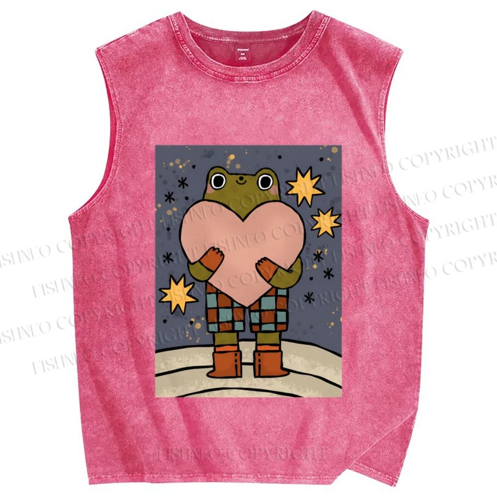 Unisex Frog Holding a Heart Printed Washed Tank Top