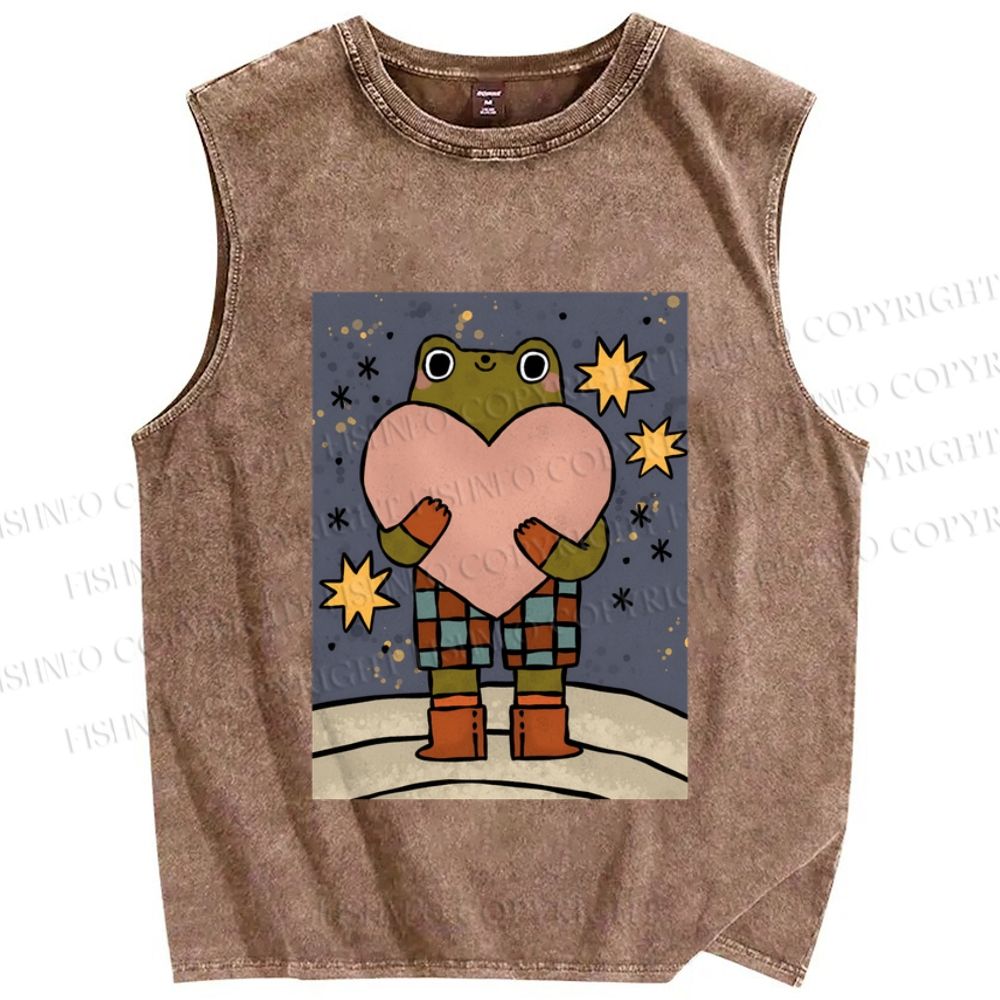 Unisex Frog Holding a Heart Printed Washed Tank Top