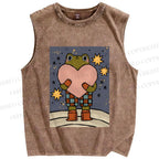 Unisex Frog Holding a Heart Printed Washed Tank Top