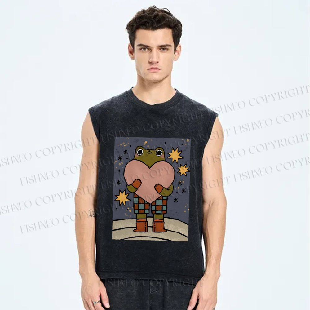 Unisex Frog Holding a Heart Printed Washed Tank Top