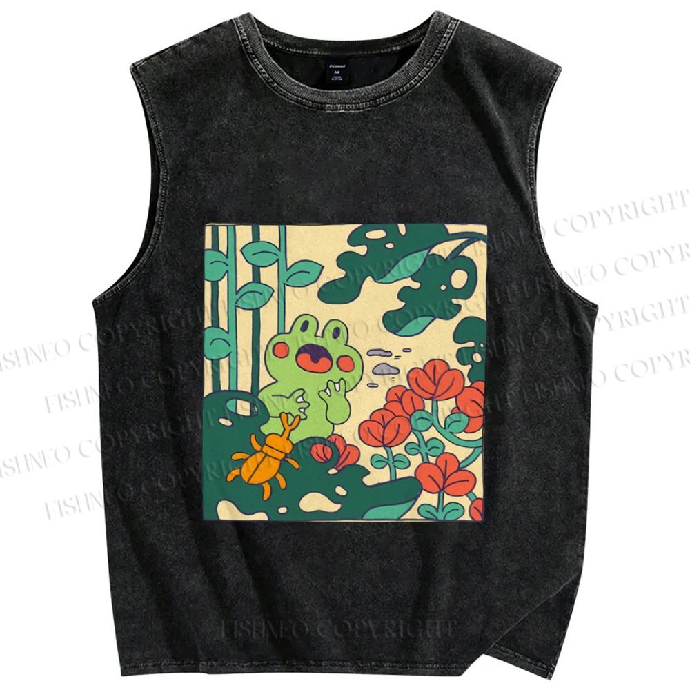 Unisex Frog Graffiti Printed Washed Tank Top