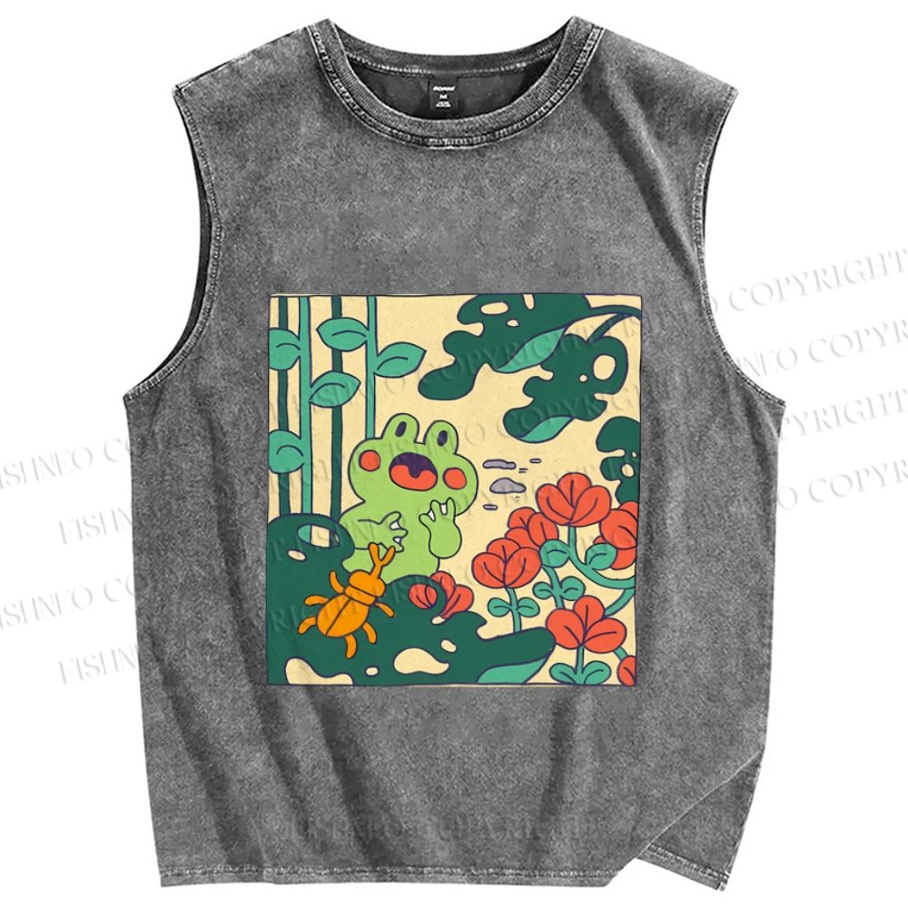Unisex Frog Graffiti Printed Washed Tank Top