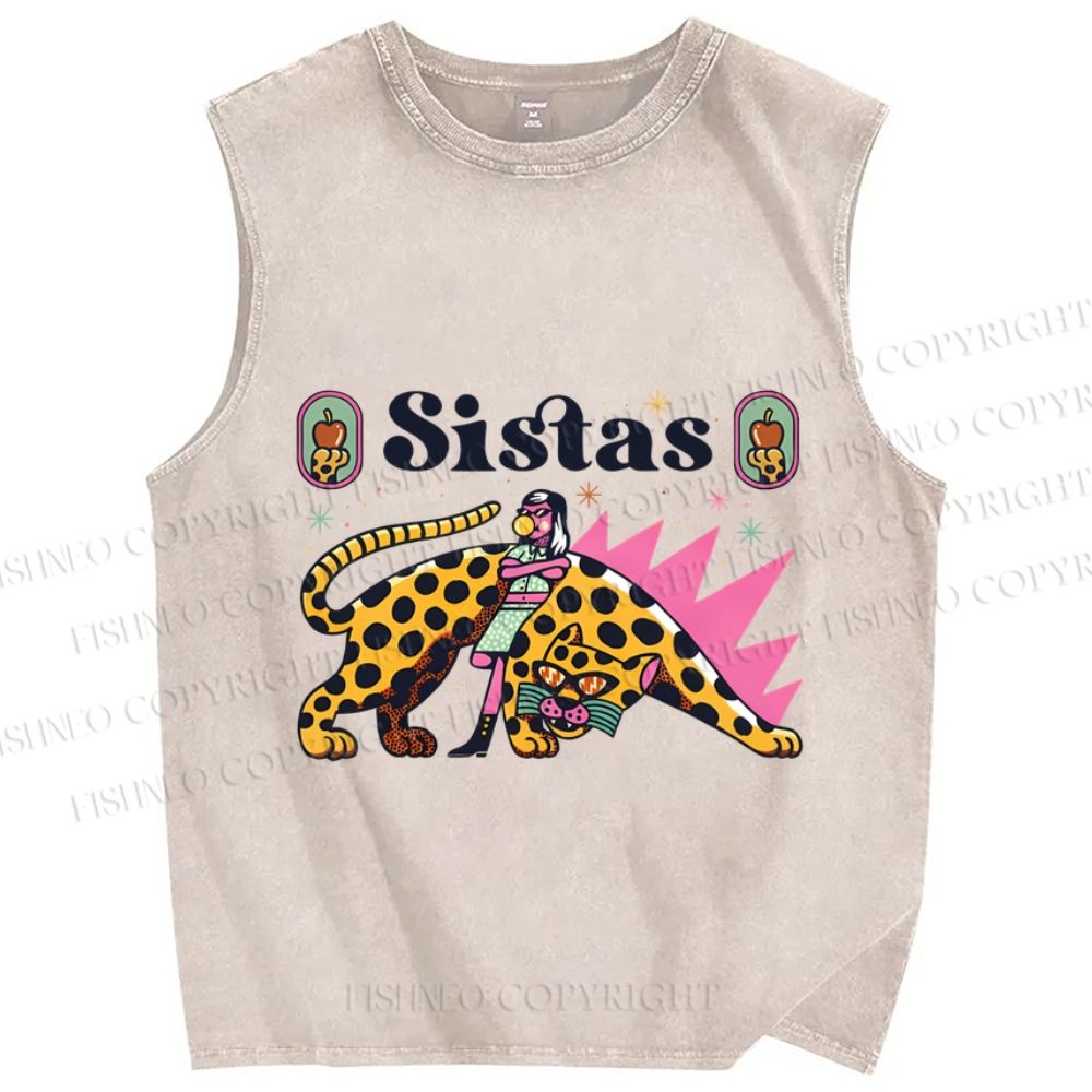 Unisex Sistas Panther Printed Washed Tank Top