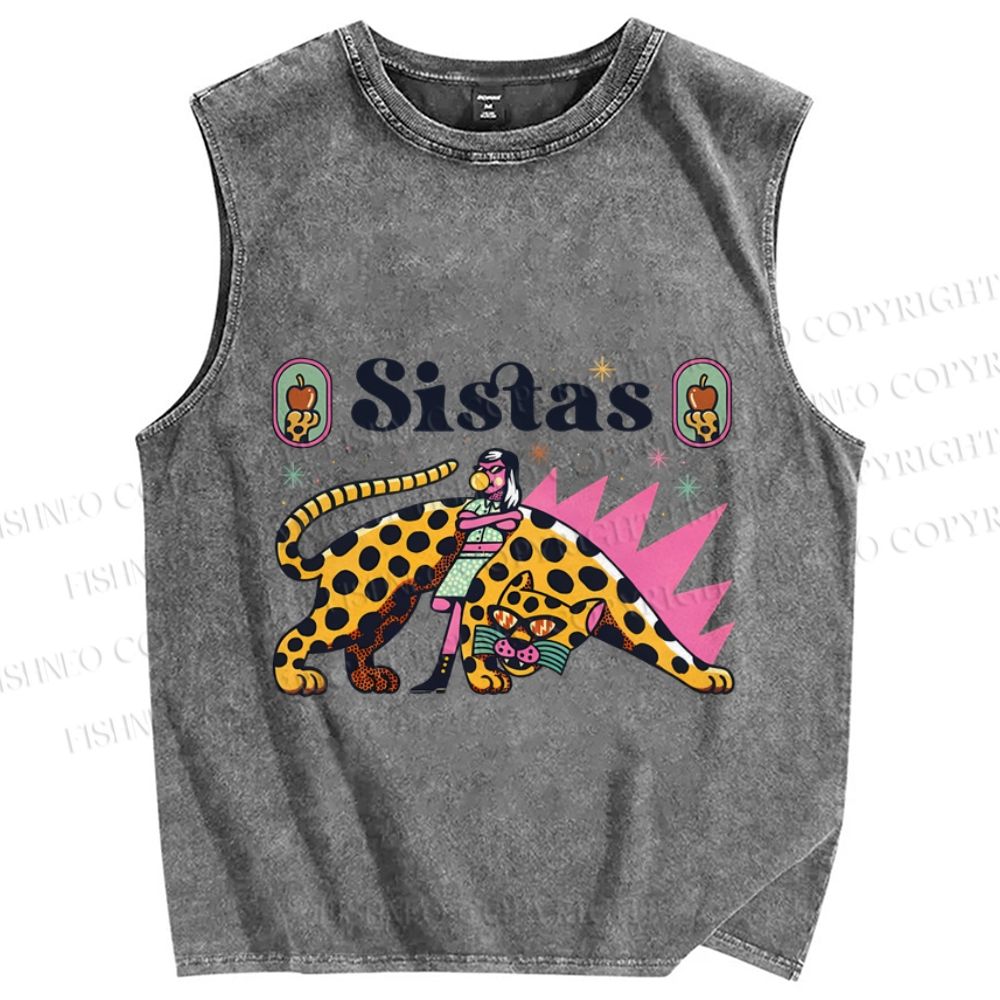 Unisex Sistas Panther Printed Washed Tank Top