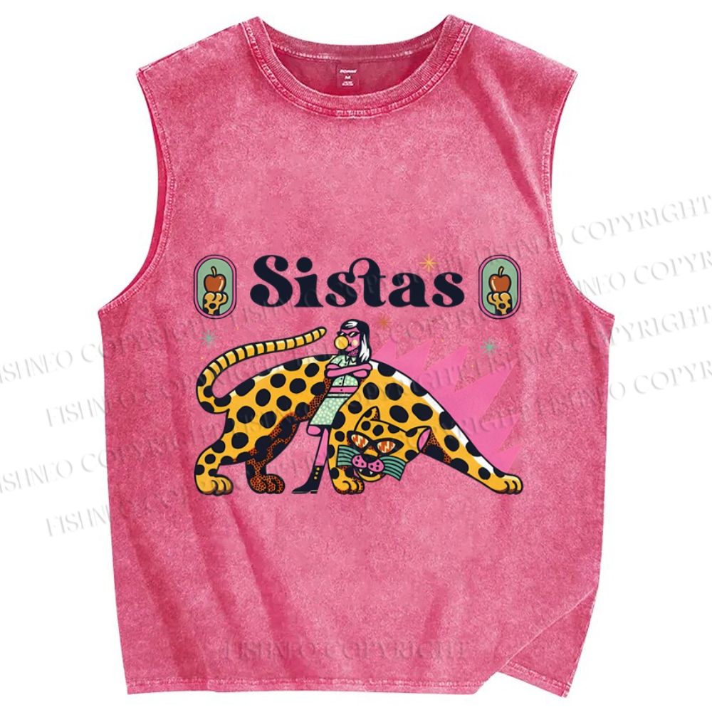 Unisex Sistas Panther Printed Washed Tank Top