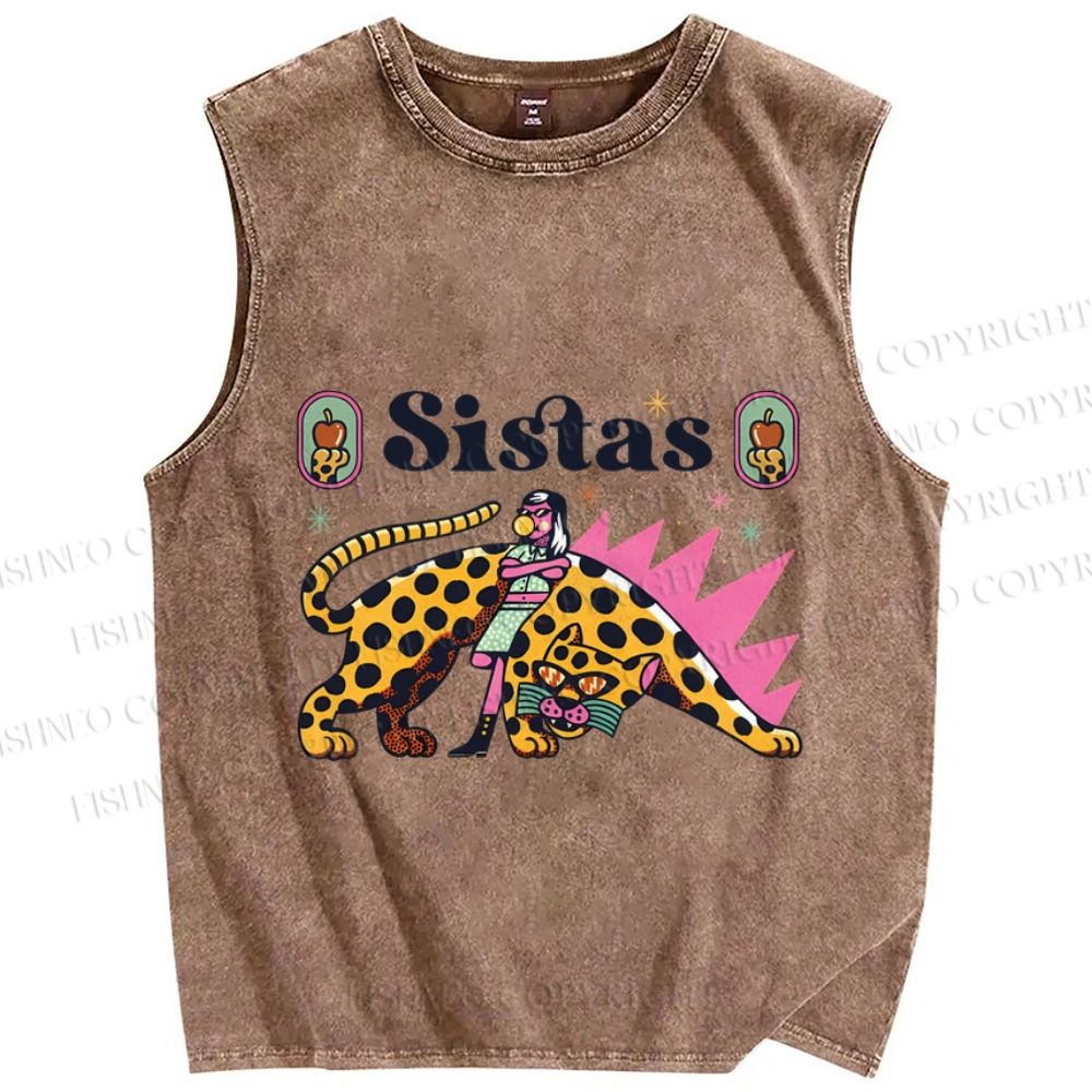 Unisex Sistas Panther Printed Washed Tank Top