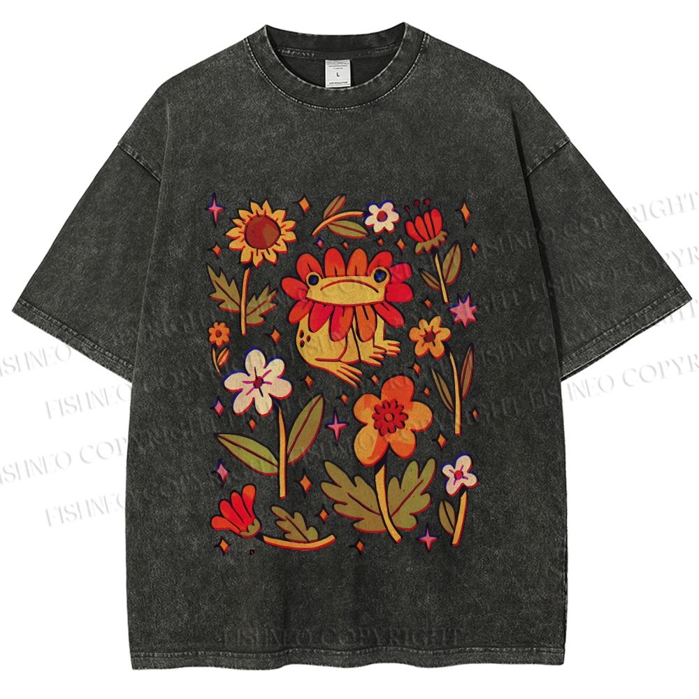 Unisex Frog And Flowers Printed Washed Tee