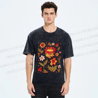 Unisex Frog And Flowers Printed Washed Tee