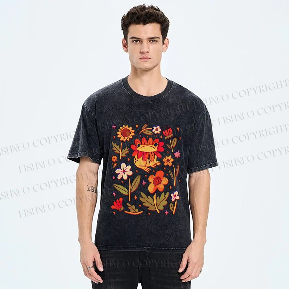Unisex Frog And Flowers Printed Washed Tee